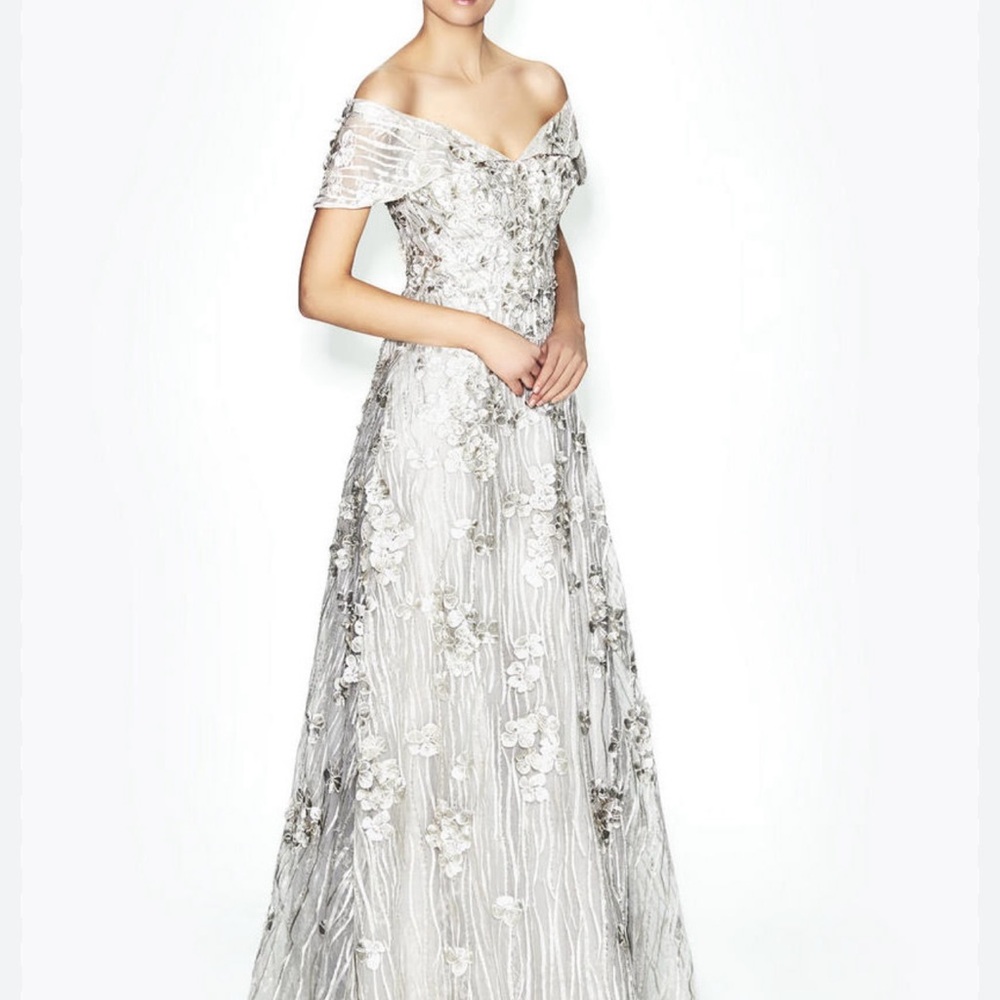 Stunning Off-Shoulder Silver Floral Gown